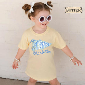 Personalized 1st Grade Shirt for Girls, Floral Pennant Back to School Shirt, Custom Name Shirt, First Day of School Outfit, School Flag Tee