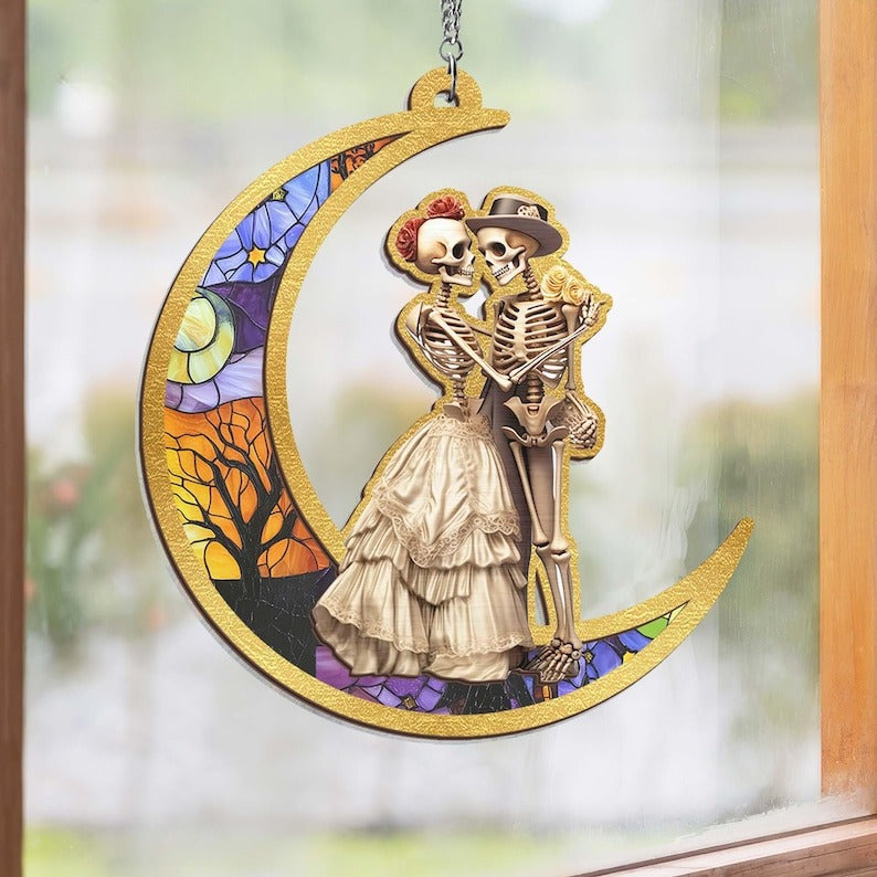 Halloween Skeleton Couple Suncatcher, Till Death Do Us Part Gift, Gothic Anniversary, Skeleton Decor, Gift For Couple, Romance Reader Gift