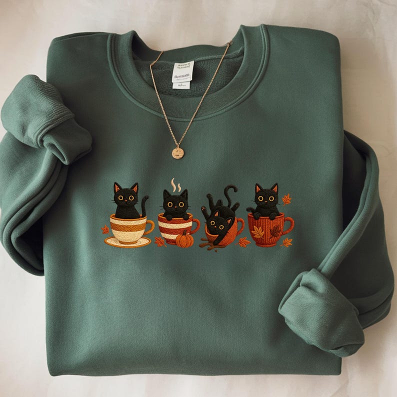 Embroidered Halloween Black Cat Sweatshirt, Pumpkin Fall Sweater, Halloween Shirt, Cute Autumn Spooky Season, Cat Lover Gift, Coffee Lovers il_794xN.7040535132_c9bz.jpg