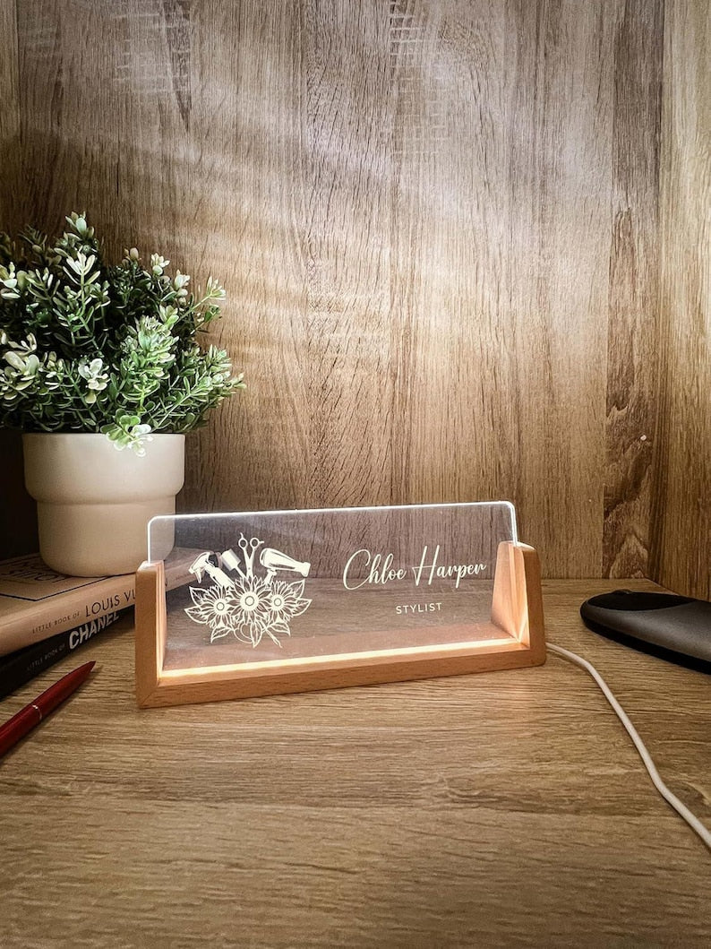 Personalized Name & Title Desk Plate Stand | Hair Stylist Hairdresser Artist Salon Professional | Business Sign LED Light Nameplate Gift