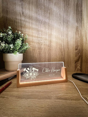 Personalized Name & Title Desk Plate Stand | Hair Stylist Hairdresser Artist Salon Professional | Business Sign LED Light Nameplate Gift