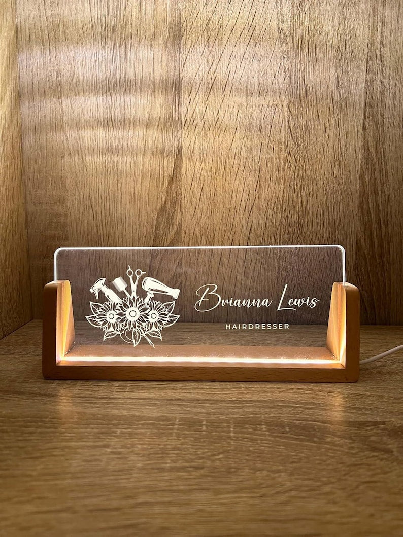 Personalized Name & Title Desk Plate Stand | Hair Stylist Hairdresser Artist Salon Professional | Business Sign LED Light Nameplate Gift