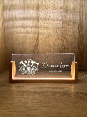 Personalized Name & Title Desk Plate Stand | Hair Stylist Hairdresser Artist Salon Professional | Business Sign LED Light Nameplate Gift
