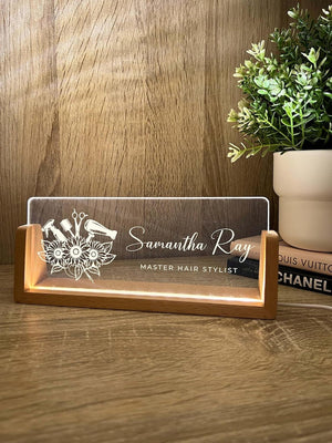 Personalized Name & Title Desk Plate Stand | Hair Stylist Hairdresser Artist Salon Professional | Business Sign LED Light Nameplate Gift