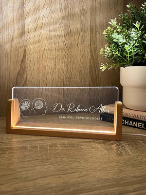 Personalized Name & Title Desk Plate Stand | Psychologist Psychiatrist Physician Therapist Doctor Specialist | Sign LED Light Nameplate Gift