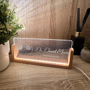 Personalized Name & Title Desk Plate Stand | Psychologist Psychiatrist Physician Therapist Doctor Specialist | Sign LED Light Nameplate Gift