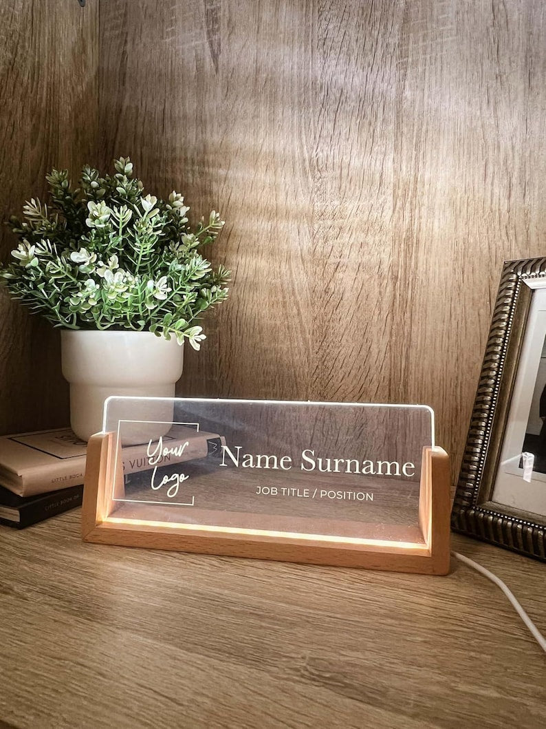 Personalized Name & Title Desk Plate Stand | Featuring Your Custom Business Company Logo | Professional Office Sign LED Light Nameplate Gift