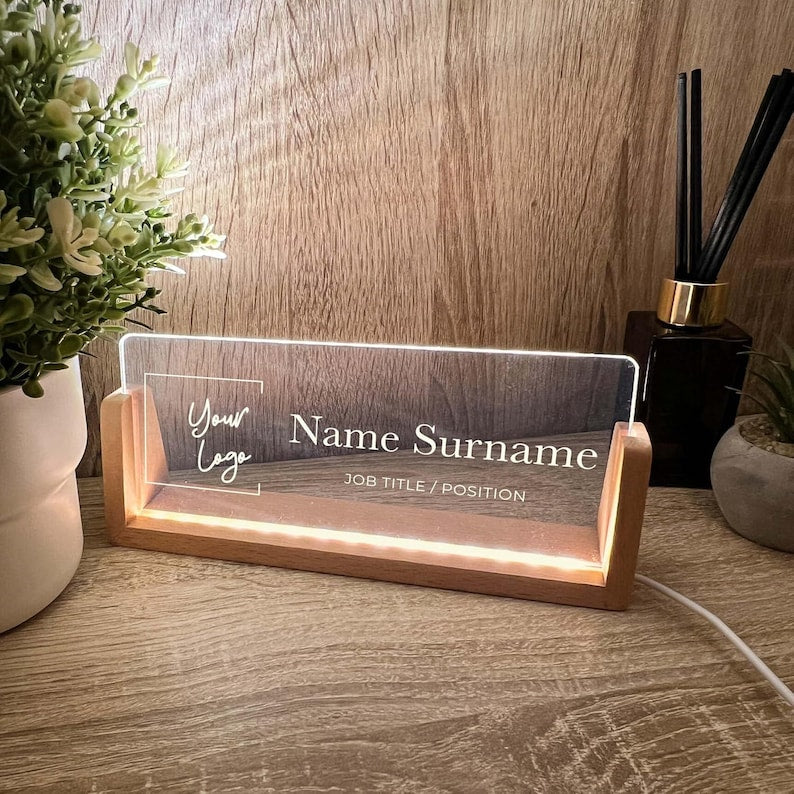 Personalized Name & Title Desk Plate Stand | Featuring Your Custom Business Company Logo | Professional Office Sign LED Light Nameplate Gift