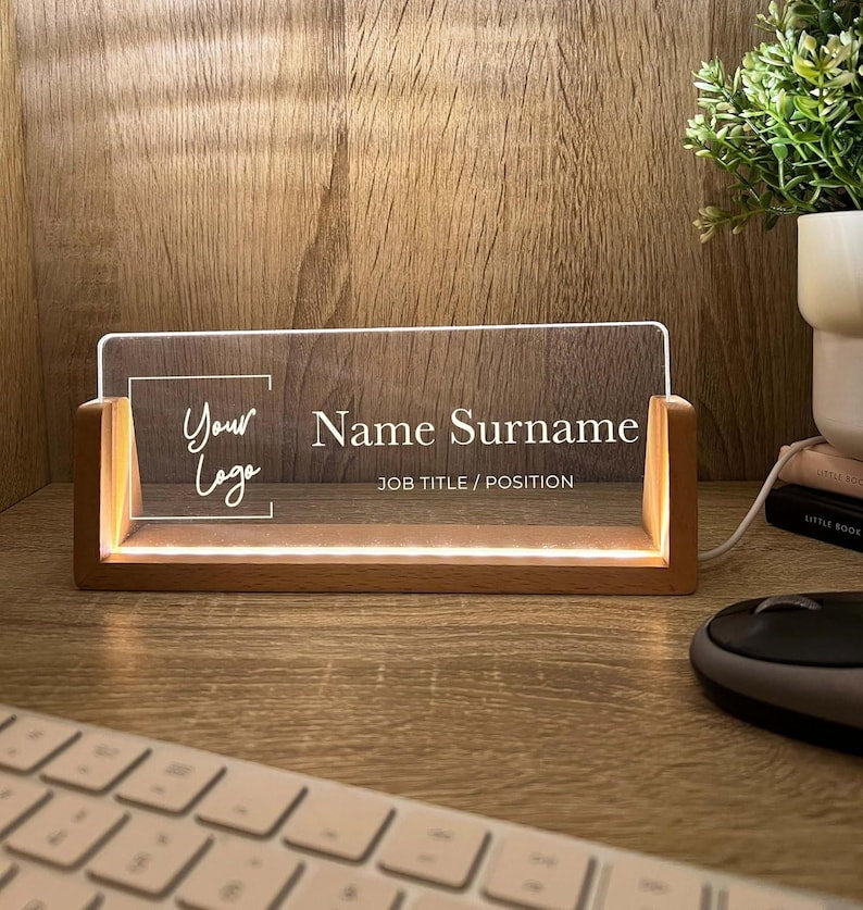 Personalized Name & Title Desk Plate Stand | Featuring Your Custom Business Company Logo | Professional Office Sign LED Light Nameplate Gift