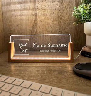 Personalized Name & Title Desk Plate Stand | Featuring Your Custom Business Company Logo | Professional Office Sign LED Light Nameplate Gift