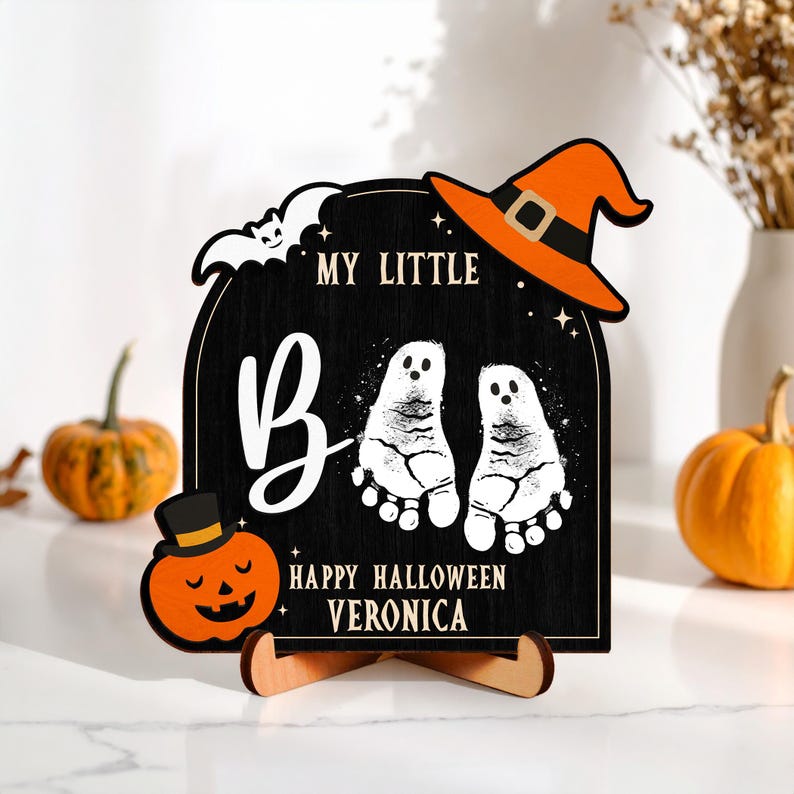 Halloween Baby Footprint Handprint Frame Kit,New Baby Keepsake Gift,Baby First Halloween,Ghost Sign,My Little Boo,Kid Craft,Halloween Decor