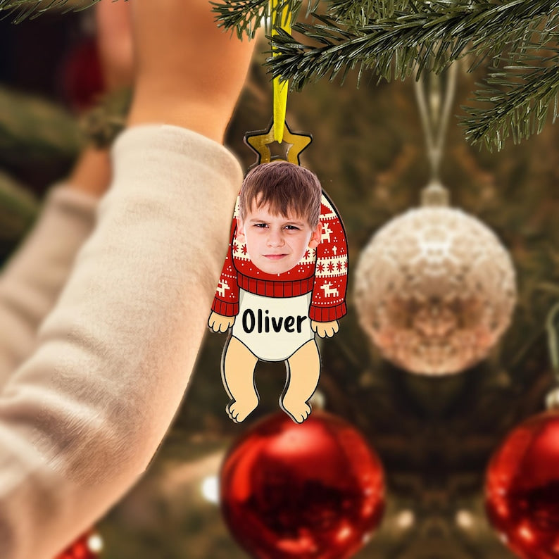 Custom Baby Face Christmas Ornament - Funny Personalized Kids Photo Ornament - Name Gift for Family Tree Decoration 2025