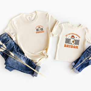Custom 1st Halloween Family Shirts, Matching 1st Halloween Pumpkin Shirt, Personalized Toddler Halloween Shirt, Mommy Daddy Baby Boo Shirt