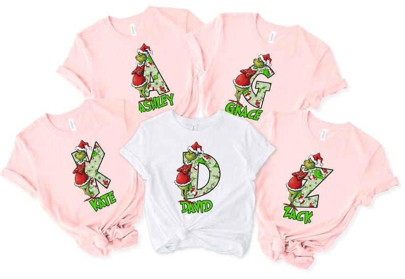 Personalized Grinch Christmas Shirt | Custom Initial & Name Holiday Tee | Matching Family Christmas Shirts | Funny Xmas Grinch Apparel