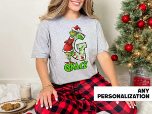 Personalized Grinch Christmas Shirt | Custom Initial & Name Holiday Tee | Matching Family Christmas Shirts | Funny Xmas Grinch Apparel