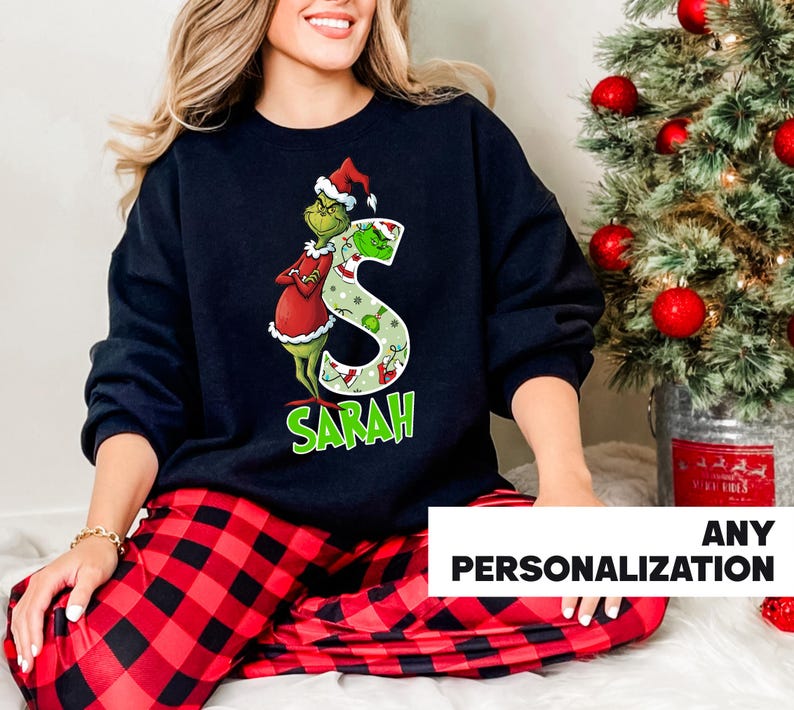 Personalized Grinch Christmas Shirt | Custom Initial & Name Holiday Tee | Matching Family Christmas Shirts | Funny Xmas Grinch Apparel