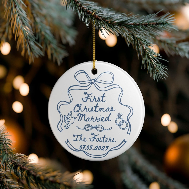 Custom First Christmas Married Ornament, 1st Anniversary Gift, Personalized Holiday Couple Gift, Coquette Bow Mr Mrs Newlywed Wedding Gift