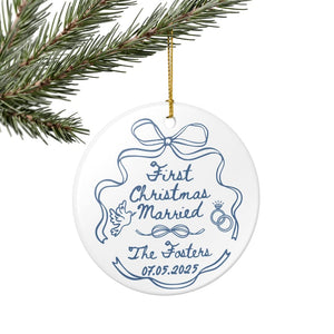 Custom First Christmas Married Ornament, 1st Anniversary Gift, Personalized Holiday Couple Gift, Coquette Bow Mr Mrs Newlywed Wedding Gift
