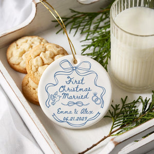 Custom First Christmas Married Ornament, 1st Anniversary Gift, Personalized Holiday Couple Gift, Coquette Bow Mr Mrs Newlywed Wedding Gift