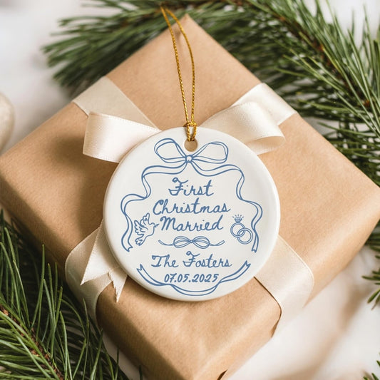 Custom First Christmas Married Ornament, 1st Anniversary Gift, Personalized Holiday Couple Gift, Coquette Bow Mr Mrs Newlywed Wedding Gift