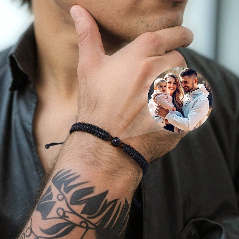 Custom Photo Projection Bracelet, Handmade Braided Photo Bracelet, Personalized Memorial Photo Bracelet Men, Christmas Gift for Dad Husband
