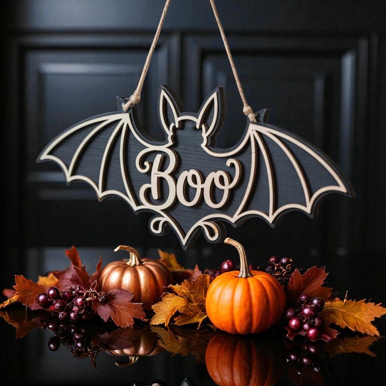 Personalized Halloween Bat Door Hanger: Spooky Wood Decor