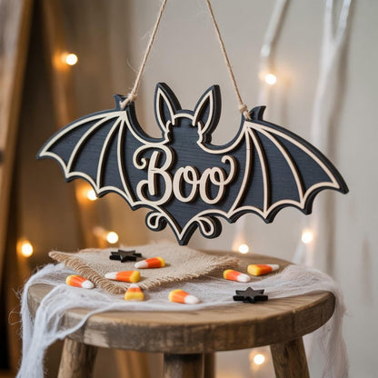 Personalized Halloween Bat Door Hanger: Spooky Wood Decor