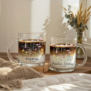 Personalized New Auntie Gift, Custom Floral Glass Coffee Mug with Name, Pregnancy Reveal Sister Gift, Baby Announcement, Gift for Bestie