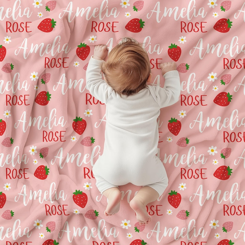 Personalized Strawberry Blanket, Custom Baby Name Blanket, Pink Girl Nursery Decor, Gift for Baby Girl, Cute Kids Blanket, Toddler Blanket