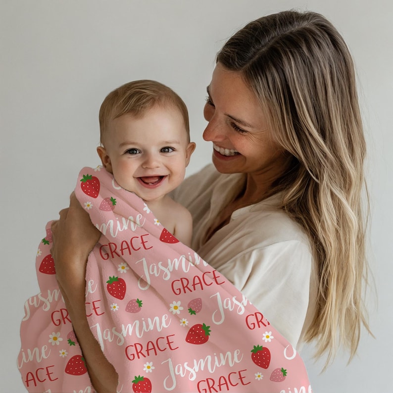 Personalized Strawberry Blanket, Custom Baby Name Blanket, Pink Girl Nursery Decor, Gift for Baby Girl, Cute Kids Blanket, Toddler Blanket