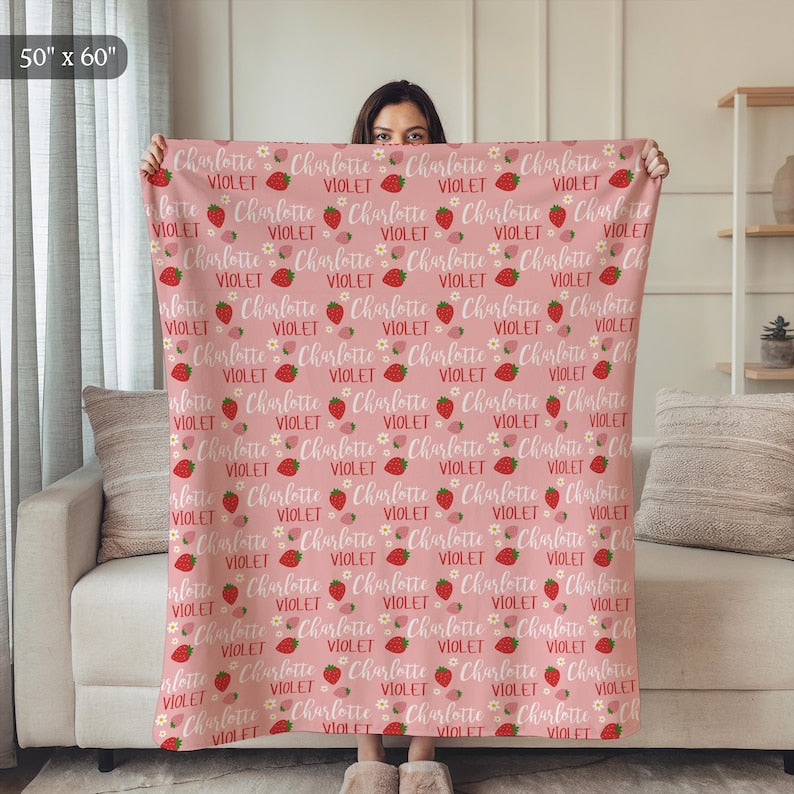 Personalized Strawberry Blanket, Custom Baby Name Blanket, Pink Girl Nursery Decor, Gift for Baby Girl, Cute Kids Blanket, Toddler Blanket