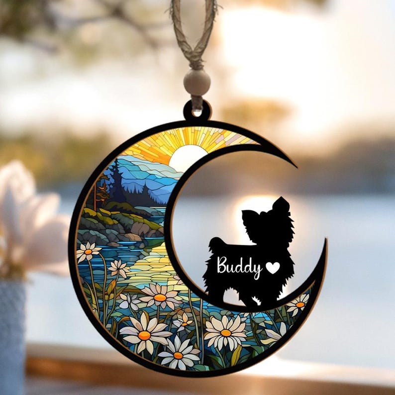 Custom Dog Suncatcher With Name, Moon & Sunset Pet Memorial Ornament, Personalized Puppy Loss Gift, Dog Remembrance Window Decor