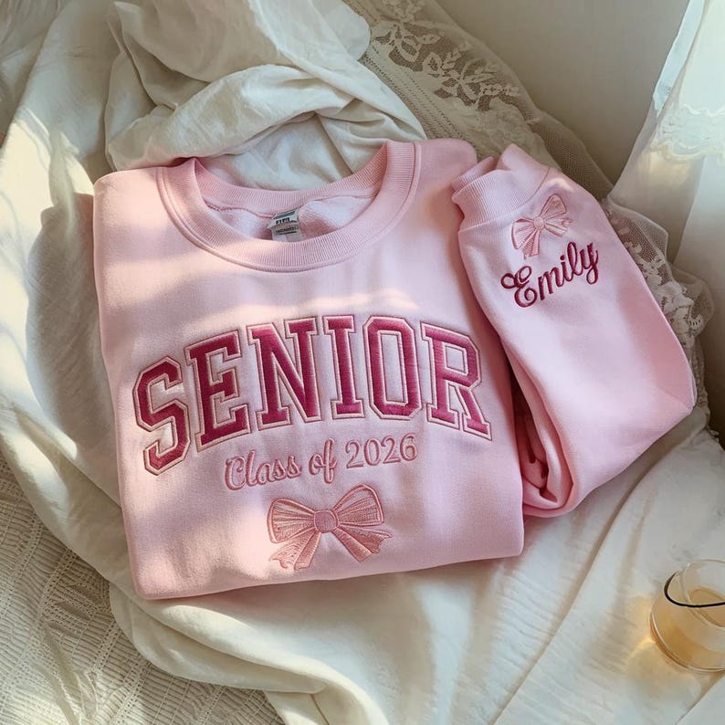 Senior Embroidered Sweatshirt Class of 2026 with Name, Senior 2026 Shirt, Personalized Graduation Gift for Her, Senior Girl Bow Crewneck