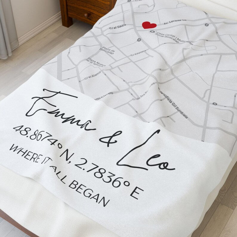 Custom Where It All Began Map Blanket with Coordinates, Personalized Throw Blanket Where We Met Map, First Date Location, Anniversary Gift