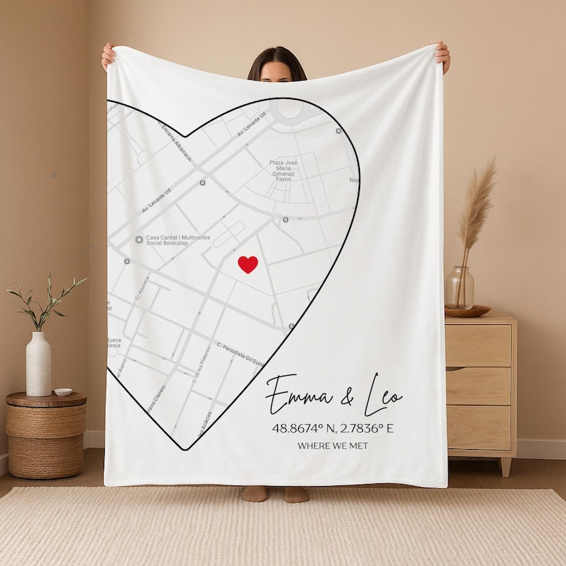 Custom Where It All Began Map Blanket with Coordinates, Personalized Throw Blanket Where We Met Map, First Date Location, Anniversary Gift