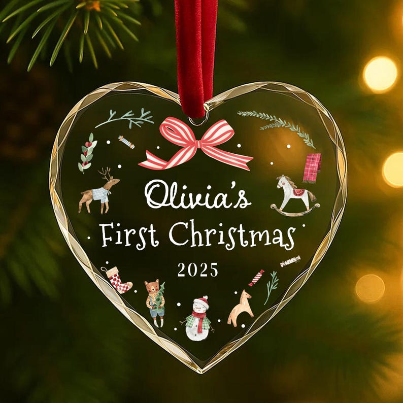 Personalized Baby's First Christmas Ornament 2025 Custom Name Gift for Newborn Girl or Boy Glass Heart or Round Ornament Keepsake OR018