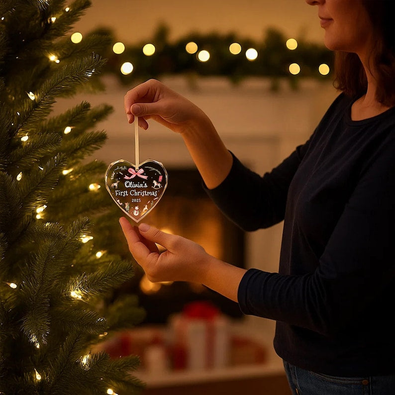 Personalized Baby's First Christmas Ornament 2025 Custom Name Gift for Newborn Girl or Boy Glass Heart or Round Ornament Keepsake