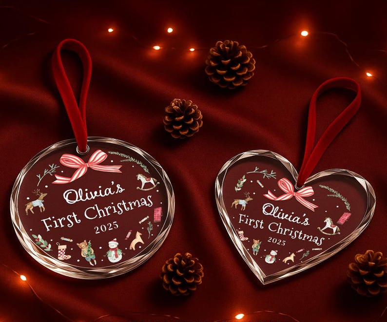 Personalized Baby's First Christmas Ornament 2025 Custom Name Gift for Newborn Girl or Boy Glass Heart or Round Ornament Keepsake OR018