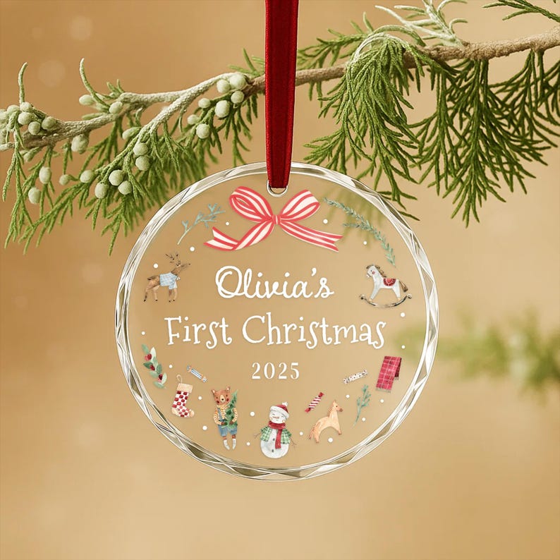 Personalized Baby's First Christmas Ornament 2025 Custom Name Gift for Newborn Girl or Boy Glass Heart or Round Ornament Keepsake OR018