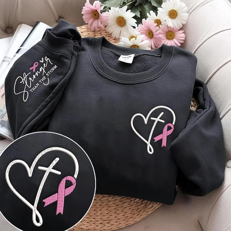 Embroidered Breast Cancer Awareness Shirt: Pink Ribbon, Positive Affirmation