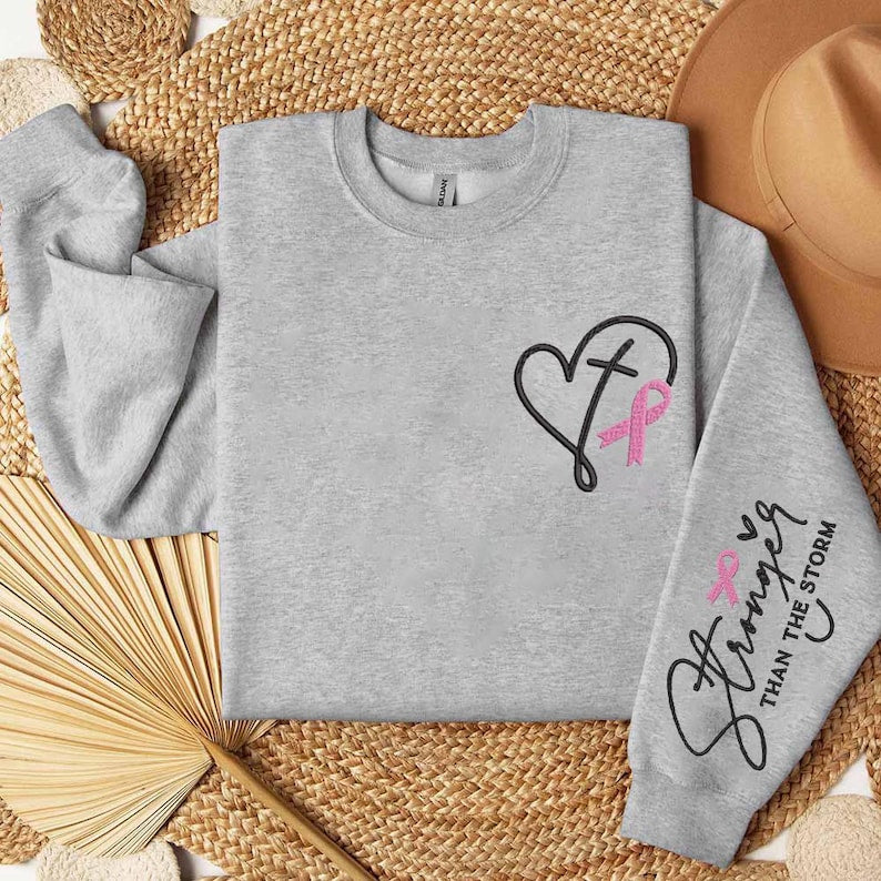 Embroidered Breast Cancer Awareness Shirt: Pink Ribbon, Positive Affirmation