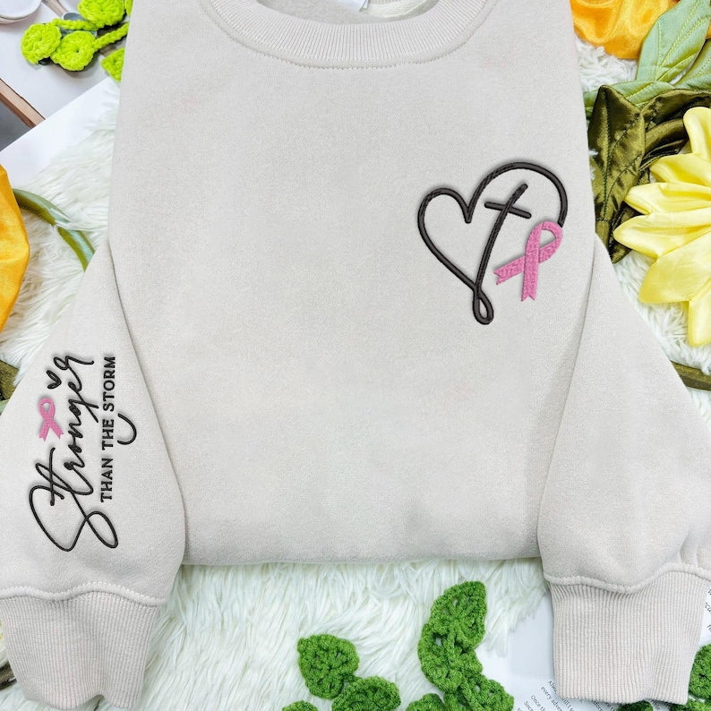 Embroidered Breast Cancer Awareness Shirt: Pink Ribbon, Positive Affirmation