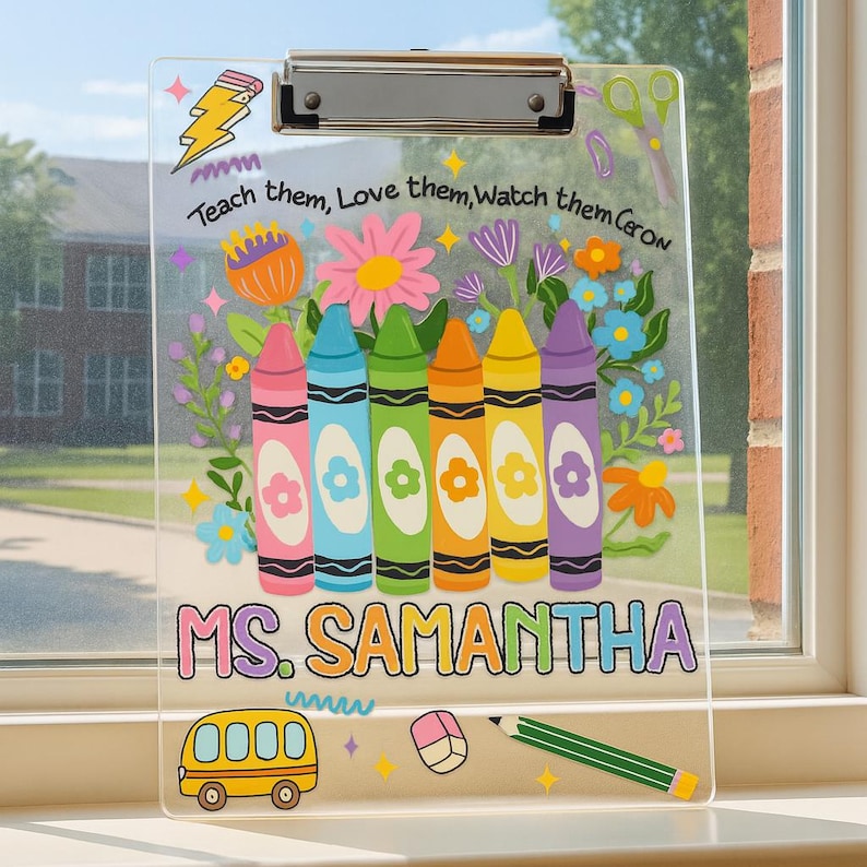 Personalized Teacher Clipboard Custom Name Gift Cute Crayon Design Customized Back to School Supplies for Classroom or Teacher Appreciation