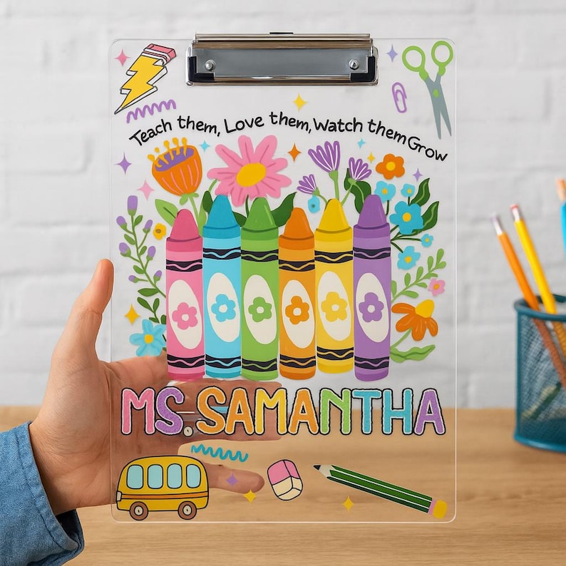 Personalized Teacher Clipboard Custom Name Gift Cute Crayon Design Customized Back to School Supplies for Classroom or Teacher Appreciation