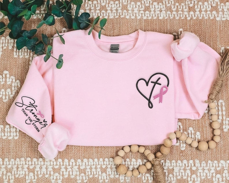 Embroidered Breast Cancer Awareness Shirt: Pink Ribbon, Positive Affirmation