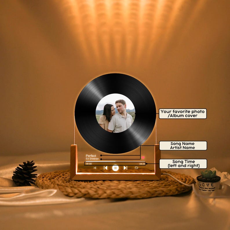 Personalized Vinyl Record with Photo Night Light, Acrylic Song Music Plaque, Birthday Gift for Her Him, Anniversary Gift for Friends Lamp