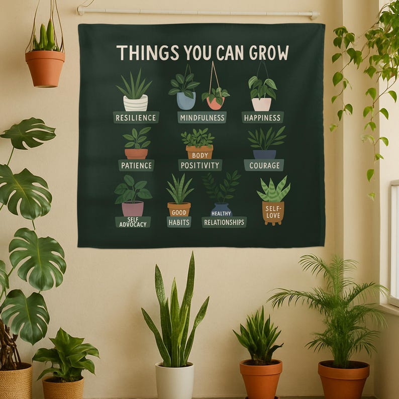 Things You Can Grow Tapestry | School Counselor Mental Health Decor | Positive Growth Mindset Wall Art | Therapy Office Plant Banner