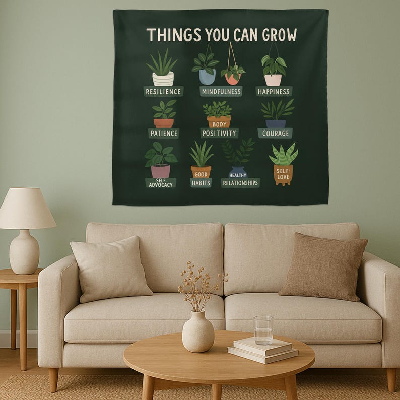 Things You Can Grow Tapestry | School Counselor Mental Health Decor | Positive Growth Mindset Wall Art | Therapy Office Plant Banner