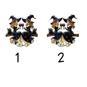 Best Friends Slay Witch Acrylic Ornament Suncatcher, Faux Stained Glass Suncatcher With Wine Glasses & Cats, Custom Halloween Witchy Decor