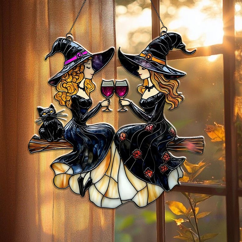 Best Friends Slay Witch Acrylic Ornament Suncatcher, Faux Stained Glass Suncatcher With Wine Glasses & Cats, Custom Halloween Witchy Decor